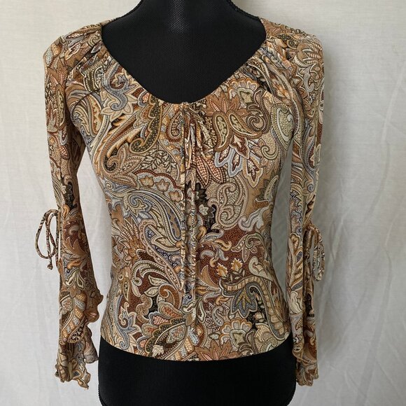 Multicolored Bodycon Boho Top with Ties & Tapered Split Sleeves – Sz S - Picture 2 of 15